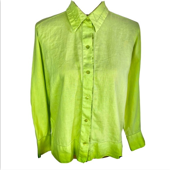 Sigrid Olsen Sport Women 8 Petite Dress Shirt Top Green Button Up Linen Blend - Picture 1 of 14